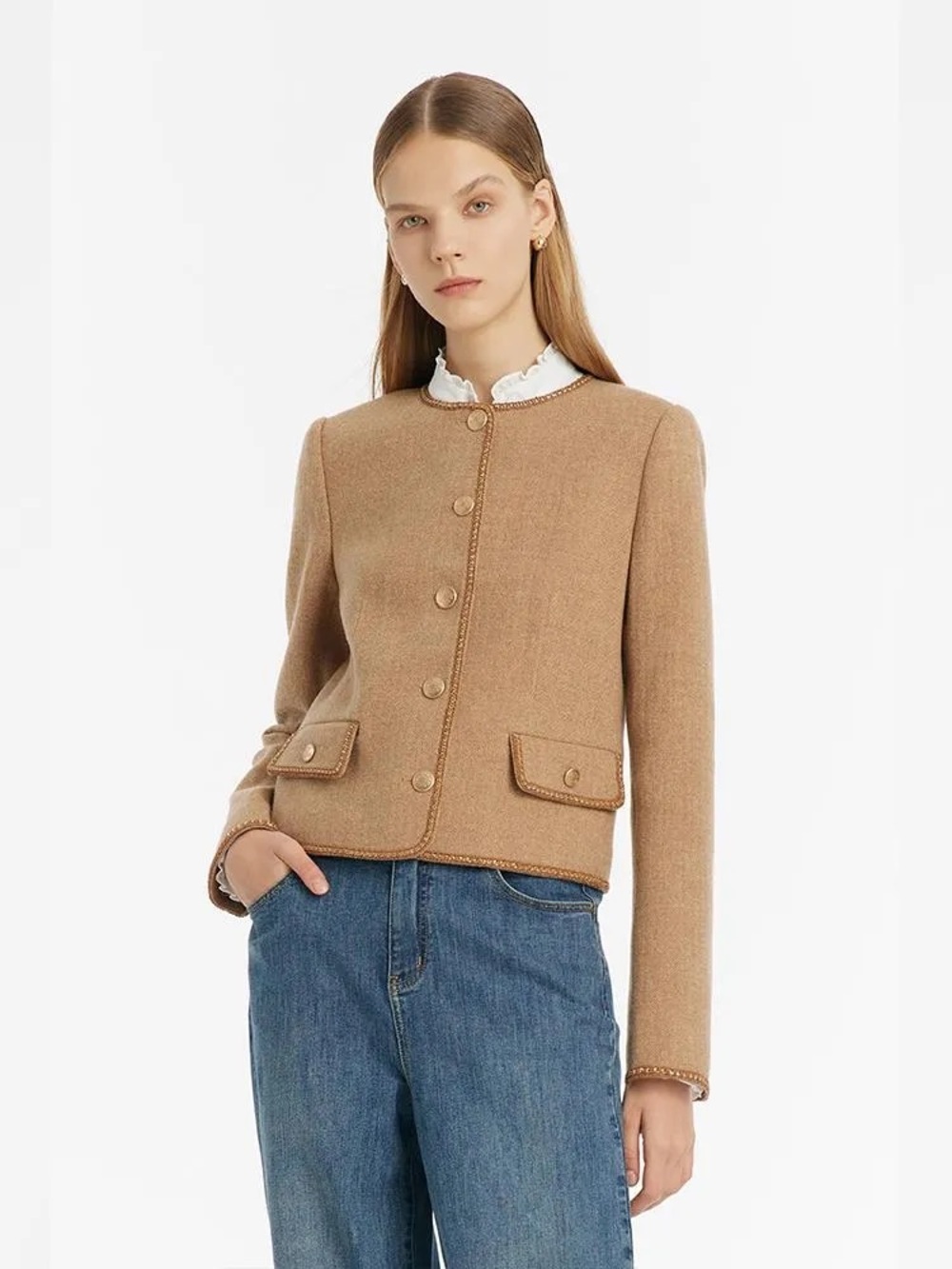 Goelia Camel Cropped Button Wool Jacket